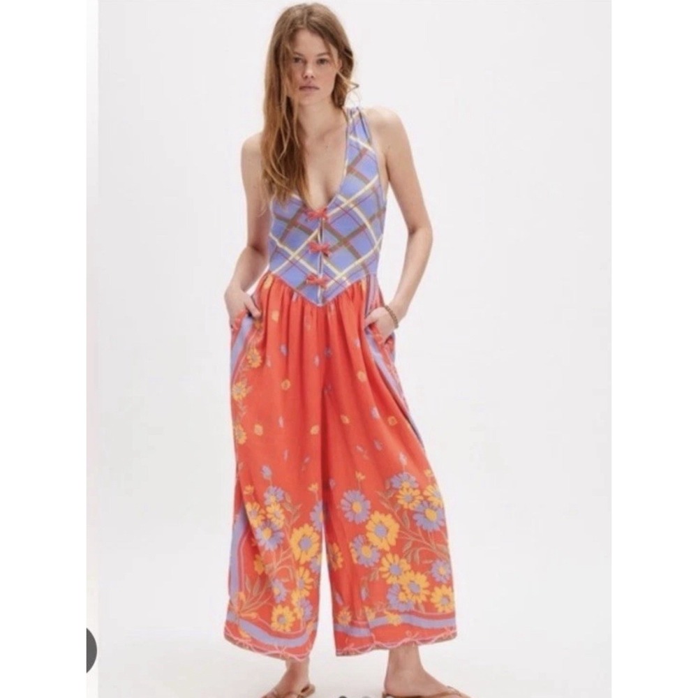 Free People Linen Bali Honeydew Jumpsuit in Fiesta Combo Size Small NWT Bohemian